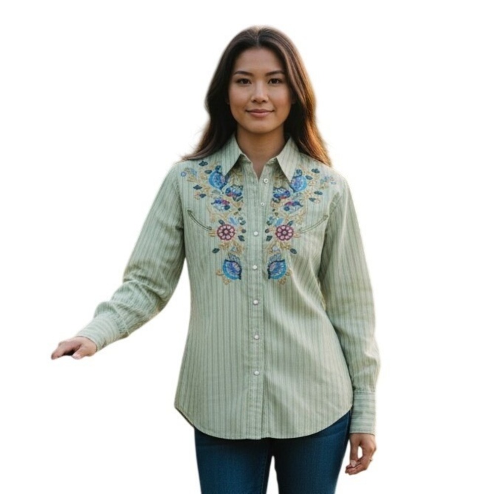 Women's Sage Green Embroidered Button-Down Shirt